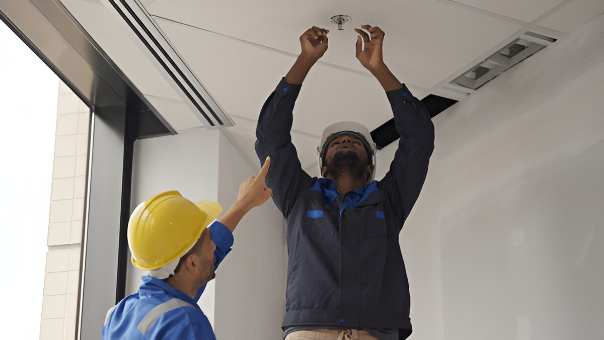 GLMS technician inspecting fire alarm panel